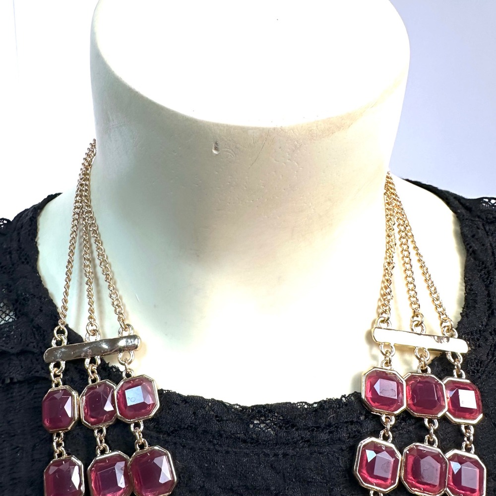 Gypsy Fuchsia Pink Gold Tone Multi Strand Tiered Statement Necklace Square Jewel - Picture 3 of 7
